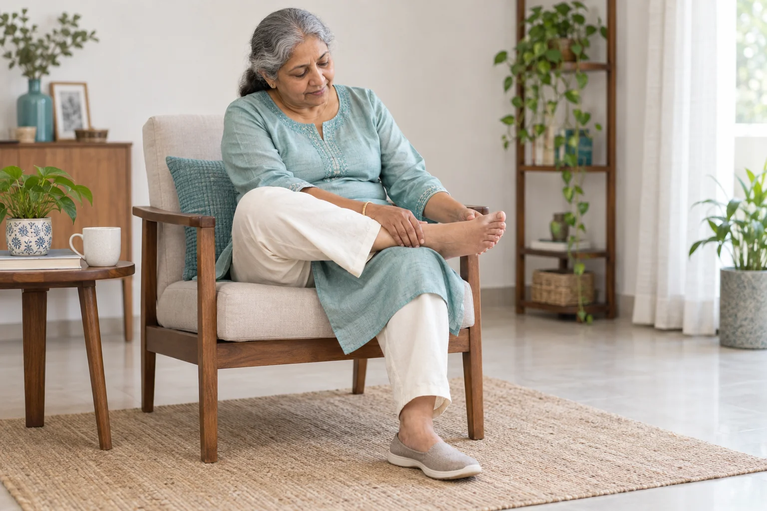 Woman seated at home checking her foot