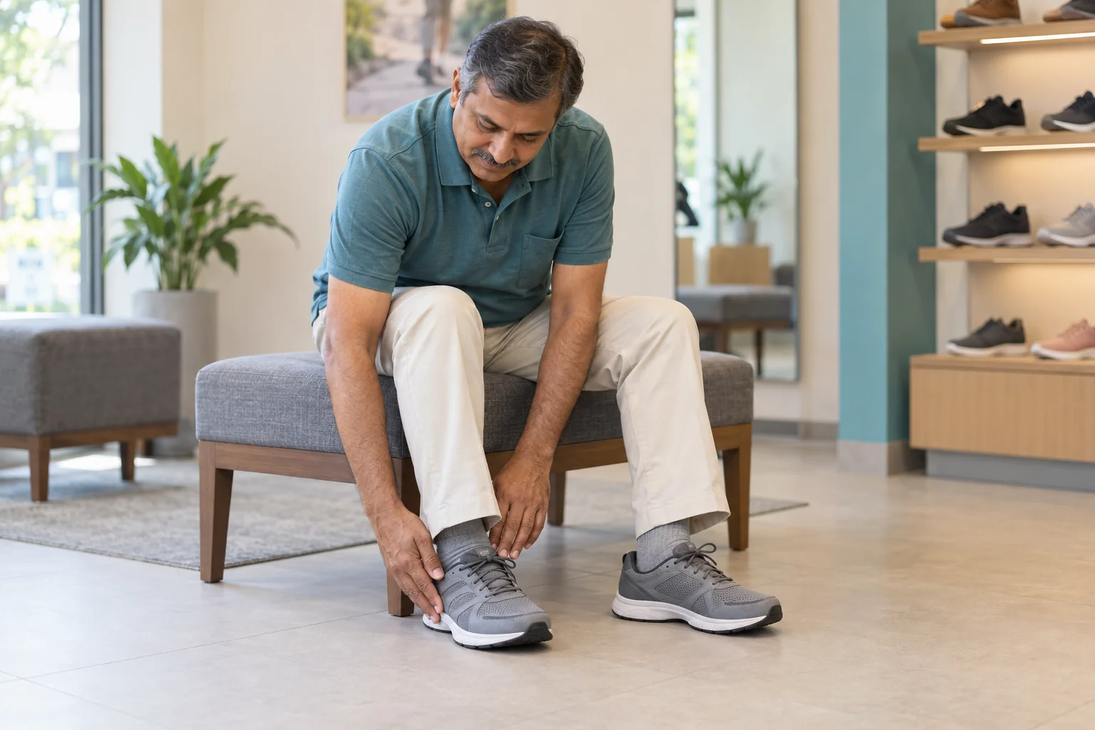 Man trying on walking shoes and checking their fit