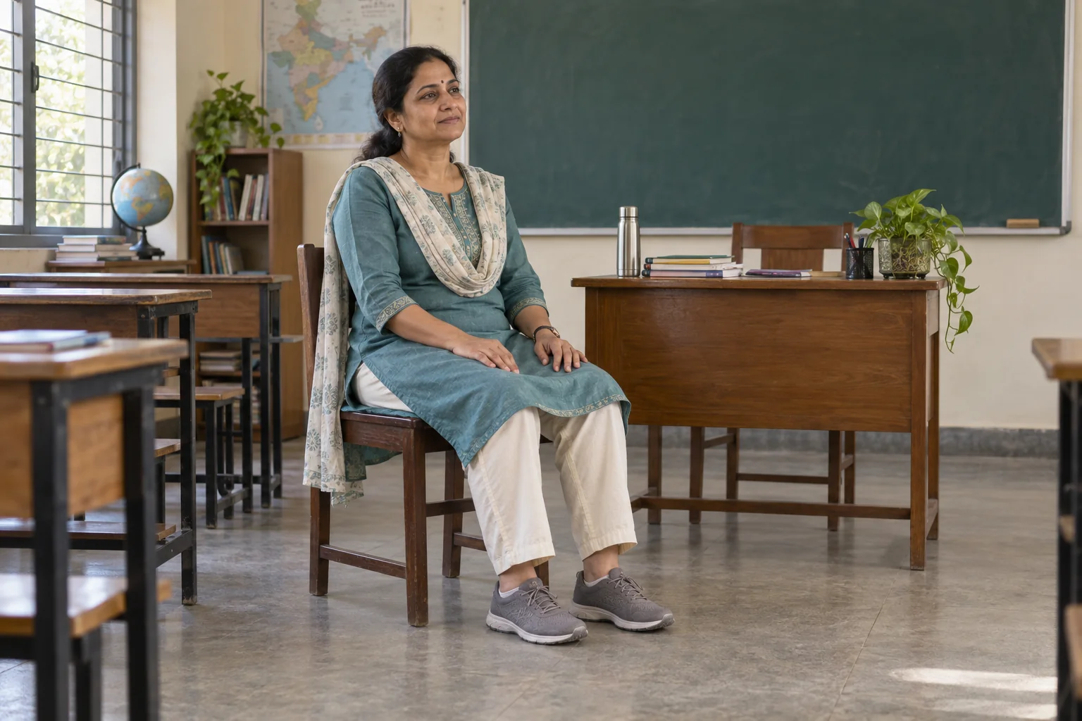 Indian teacher taking a seated break in a classroom