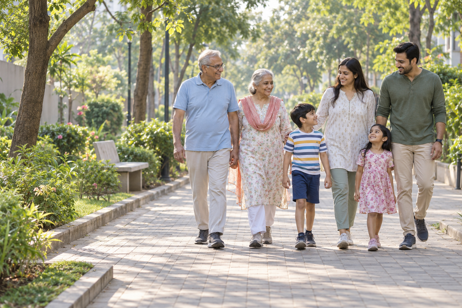 Three generations of an Indian family walking together